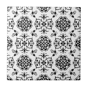 Azulejo Floral Damask Estilo Vintage Blanco y Negro