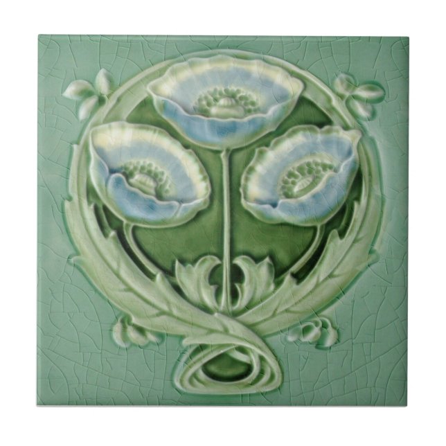 Azulejo Floral de adornos verde azul Repro Art Novueau (Frente)