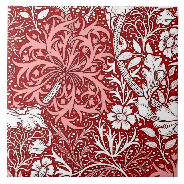 Azulejo Floral de algas marinas de Art Nouveau, rojo profu (Frente)