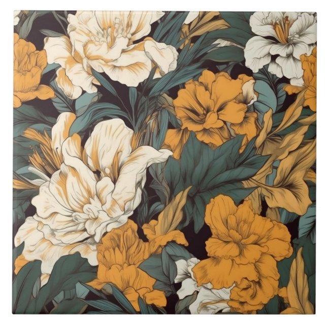 Azulejo floral de bonito blanco y naranja (Frente)