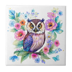 Azulejo Floral de búho acuarela artística