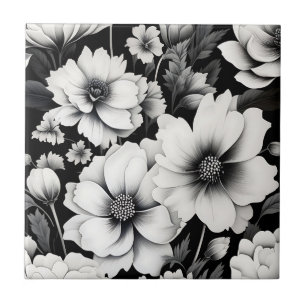 Azulejo Floral de color blanco y negro elegante
