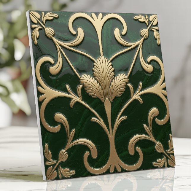 Azulejo Floral de estilo Art Nouveau esmeralda y dorada (Subido por el creador)