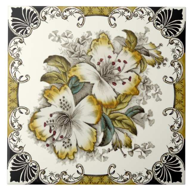 Azulejo Floral de oro blanco negro victoriano (Frente)