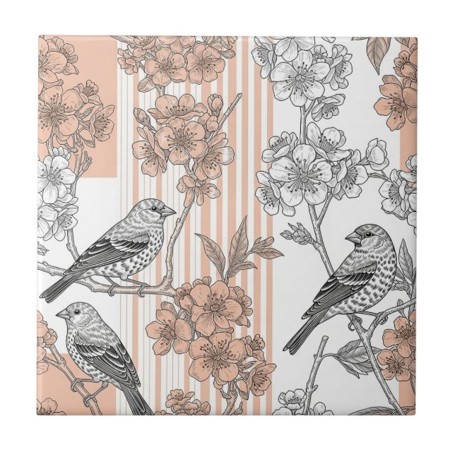 Azulejo Floral de Pájaro de Raya de Melocotón Elegante (1) (Frente)