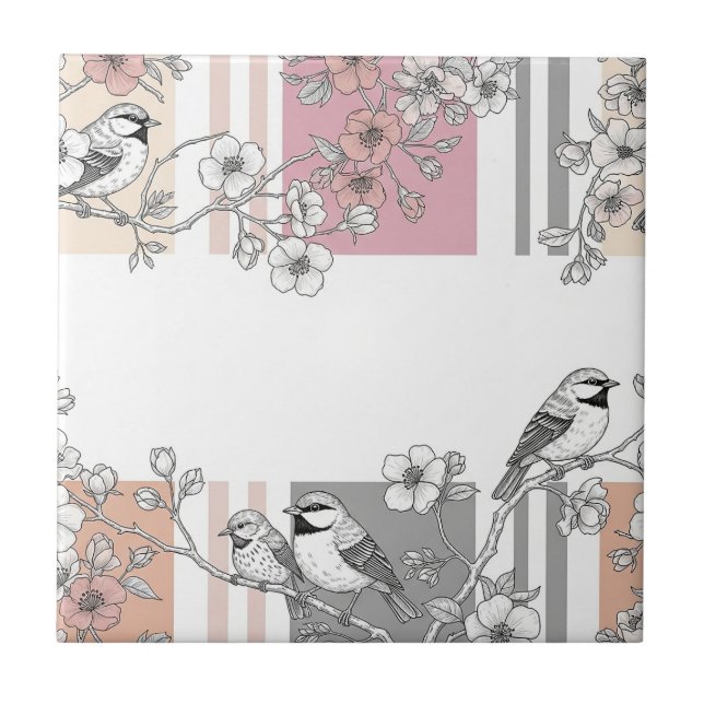 Azulejo Floral de Pájaro de Raya de Melocotón Elegante (10 (Frente)