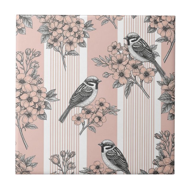 Azulejo Floral de Pájaro de Raya de Melocotón Elegante (2) (Frente)