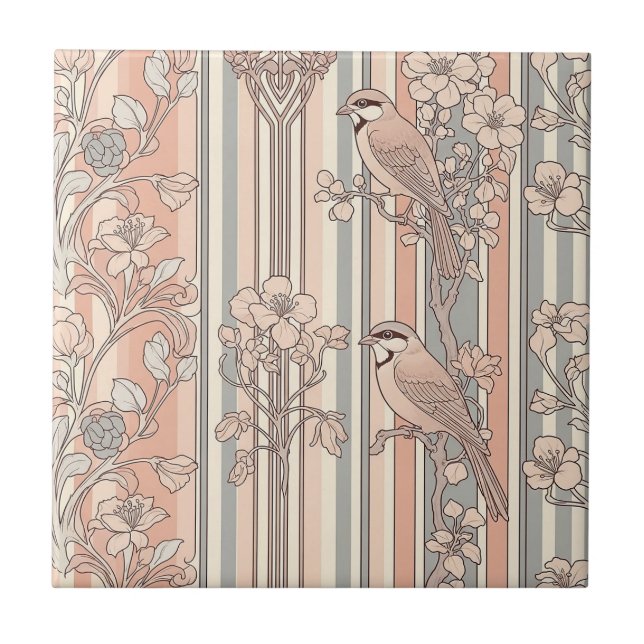 Azulejo Floral de Pájaro de Raya de Melocotón Elegante (3) (Frente)