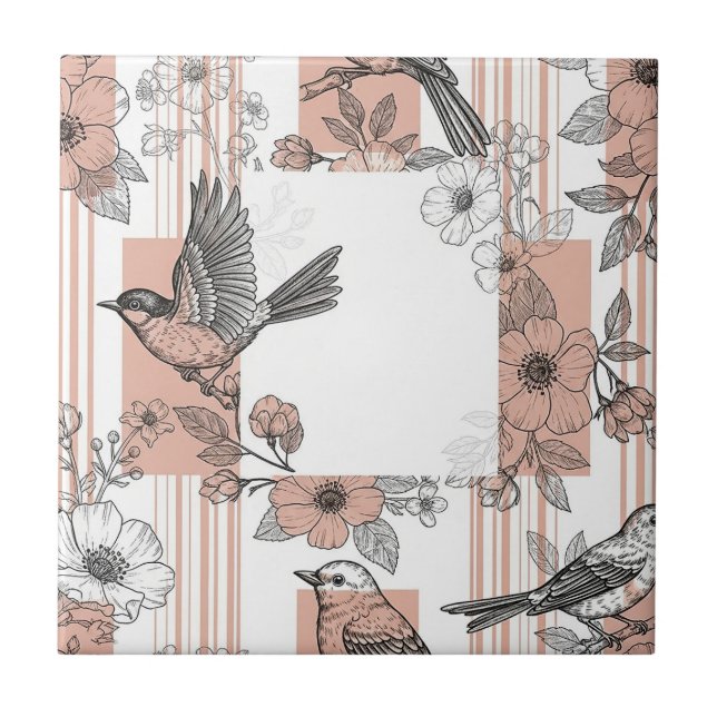 Azulejo Floral de Pájaro de Raya de Melocotón Elegante (5) (Frente)