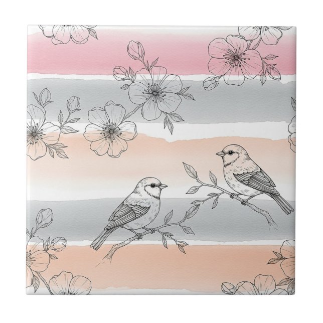 Azulejo Floral de Pájaro de Raya de Melocotón Elegante (6) (Frente)