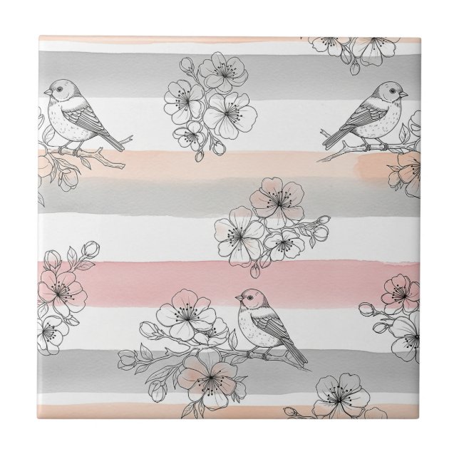 Azulejo Floral de Pájaro de Raya de Melocotón Elegante (7) (Frente)