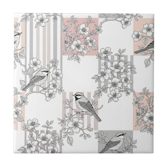 Azulejo Floral de Pájaro de Raya de Melocotón Elegante (9) (Frente)