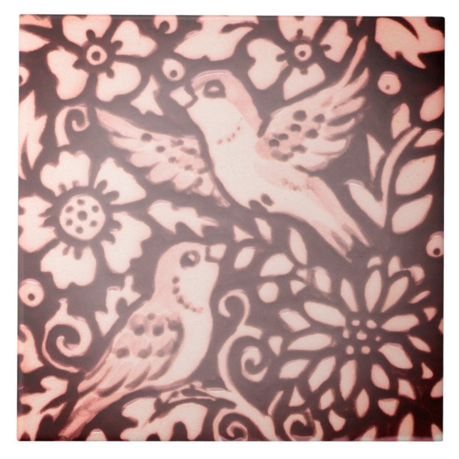 Azulejo Floral de pájaro rosa de Borgoña Decoración de mad (Frente)