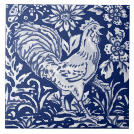 Azulejo Floral de pollo de gallo azul de cobalto de la mar