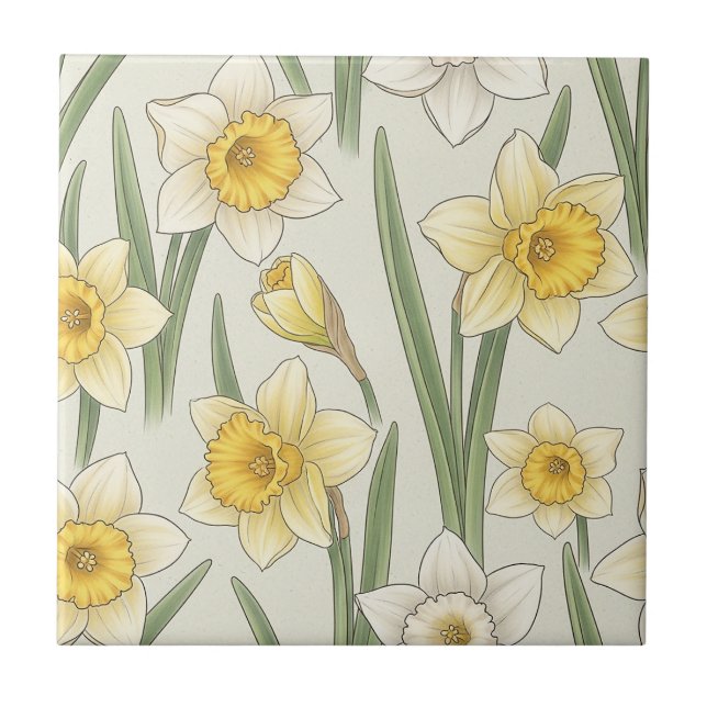 Azulejo Floral de primavera Narciso en suave amarillo y ve (Frente)
