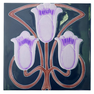Azulejo Floral de tulipán azul de Art Nouveau eduardiano r