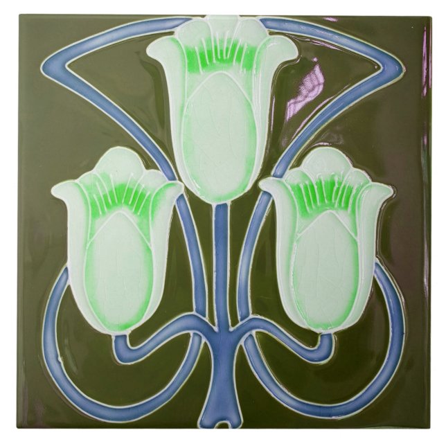 Azulejo Floral de tulipán verde de Art Nouveau eduardiano (Frente)