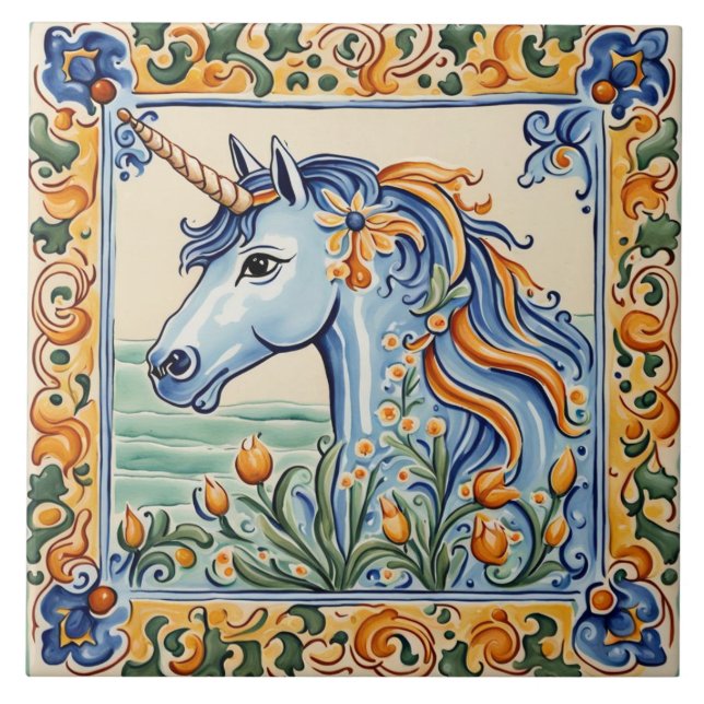 Azulejo Floral de unicornio amarillo y azul (Frente)