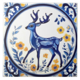 Azulejo Floral Deer Blue & White Woodland Folk Animal Art