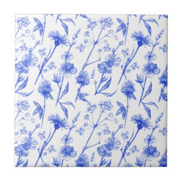 Azulejo Floral Elegant Blue Flowers Ceramic Tile