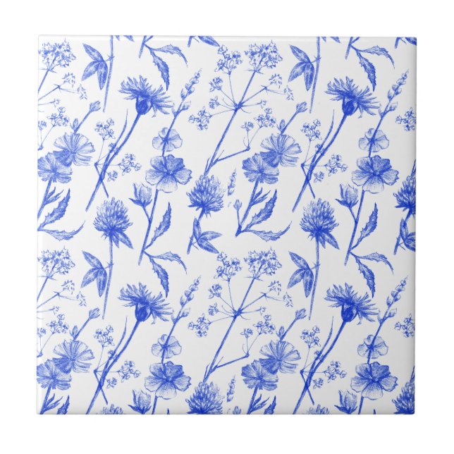 Azulejo Floral Elegant Blue Flowers Ceramic Tile (Frente)