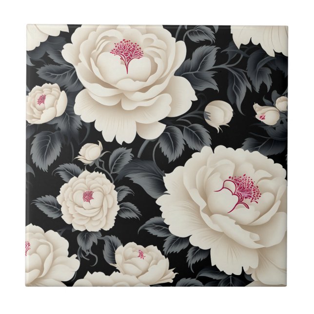 Azulejo Floral Elegante De Negro E Marfil (Frente)