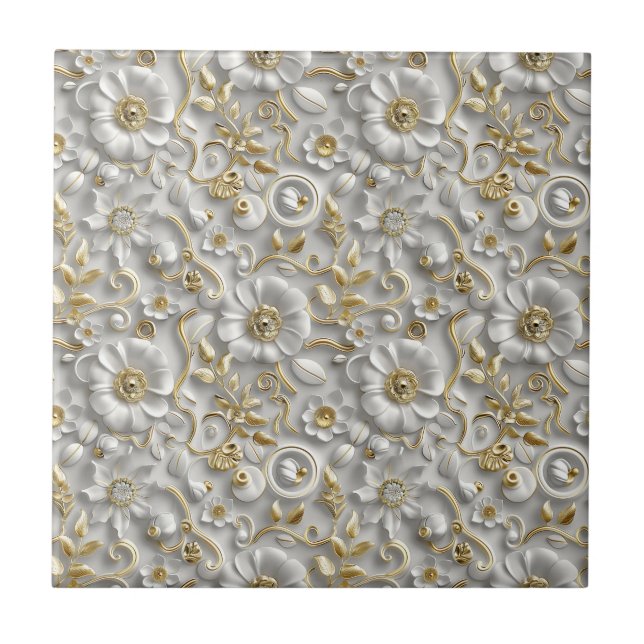 Azulejo Floral Elegante En 3D Y Blanco (Frente)