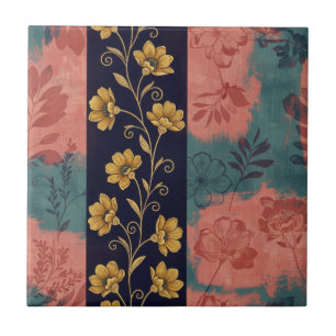 Azulejo Floral Estampado de Raya con Acento Botánico Dorad