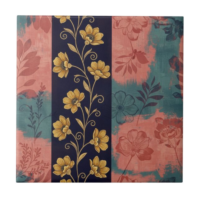 Azulejo Floral Estampado de Raya con Acento Botánico Dorad (Frente)