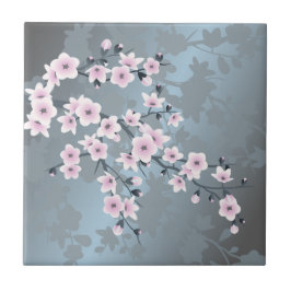 Azulejo Floral Flor de Cerezo Rosa Azul Polvoriento
