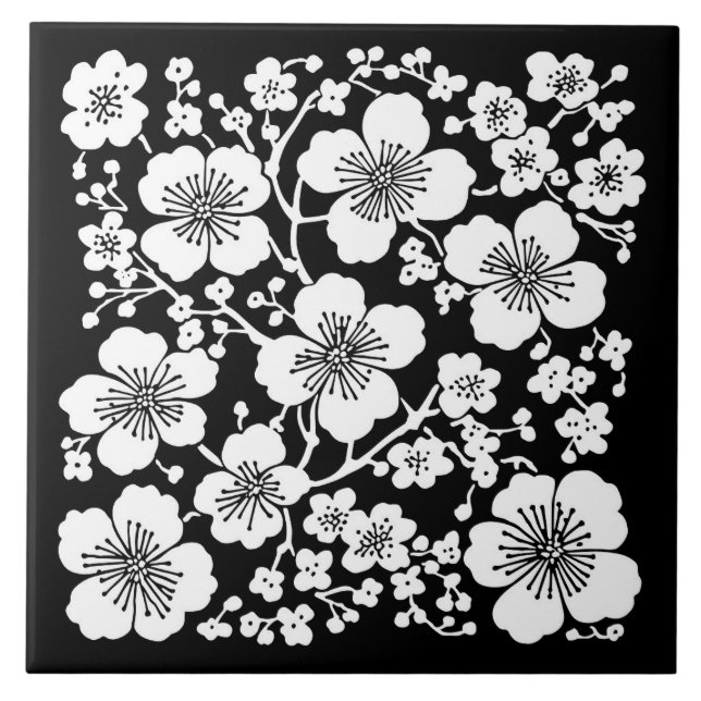 Azulejo Floral Flora de flores de cerezo Patrón negro y bl (Frente)