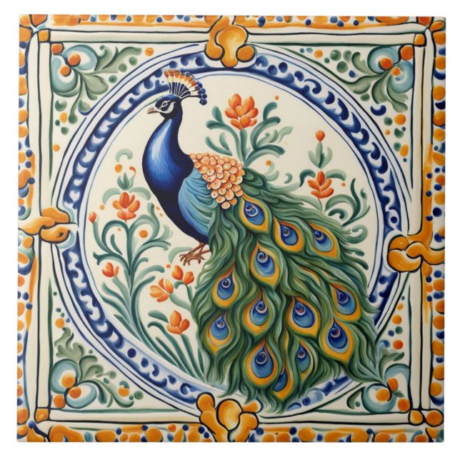 Azulejo Floral folclórica azul y amarilla de pavo real (Frente)