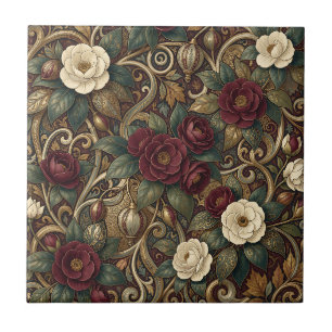 Azulejo Floral Granate Ornamental y Linterna Dorada Vintag