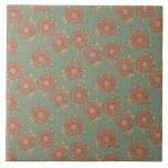 Azulejo Floral japonesa Girly Vintage<br><div class="desc">Patrón floral de bonito adaptado de la colección antigua de ilustraciones japoneses tradicionales con flores de coral pastel cálidas y hojas de oro claro sobre fondo verde de cazador suave.</div>