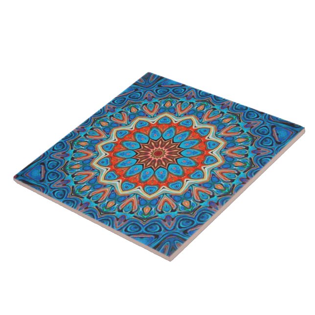 Azulejo Floral Mandala Bohemien Naranja Azul Elegante (Lado)