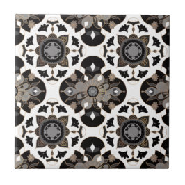 Azulejo Floral Mandala Taupe Gray Black