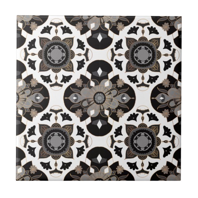 Azulejo Floral Mandala Taupe Gray Black (Frente)