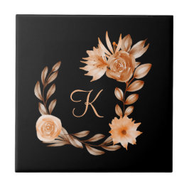 Azulejo Floral Negro Marrón y Melocotón con Monograma