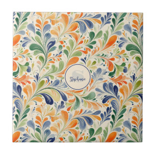 Azulejo Floral Paisley Vintage Naranja Azul Verde