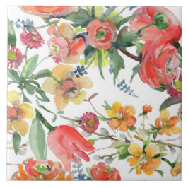 Azulejo Floral Pattern Wildflowers Yellow Pink Green White