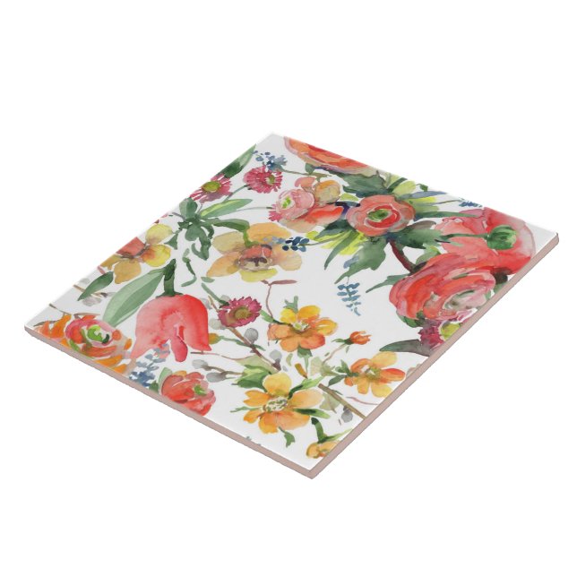Azulejo Floral Pattern Wildflowers Yellow Pink Green White (Lado)