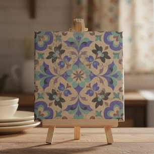 Azulejo Floral Púrpura Beige Marrón Antiguo Teñido