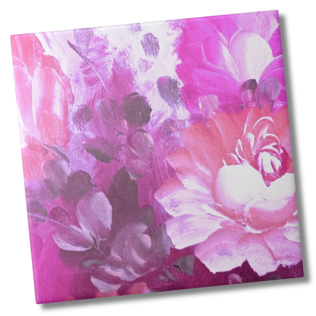 Azulejo Floral púrpura rosa (Whimsical Purple Pink Botanical Painted Floral Ceramic Tile)
