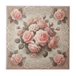 Azulejo Floral rosa rosa vintage con borde de encaje