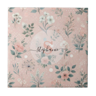 Azulejo Floral rosa rústica con flores blancas y vegetació