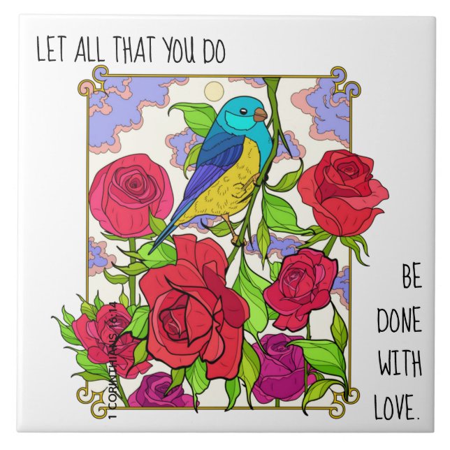 Azulejo Floral (Rosas), con verso de 1 corintios 16:14 (Frente)