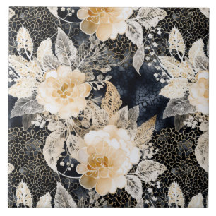 Azulejo Floral salvaje de leopardo negro crema