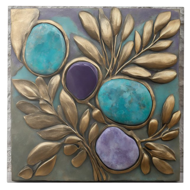 Azulejo Floral Sculpture in Turquoise, Gold and purple (Frente)
