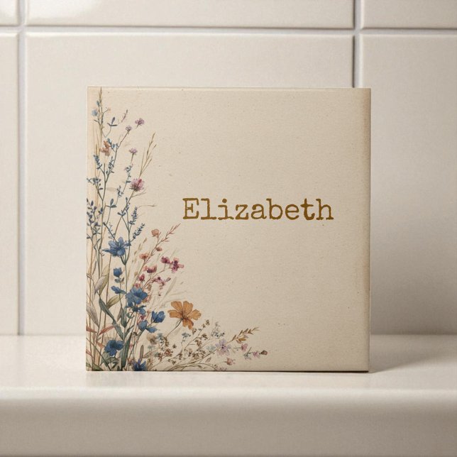 Azulejo Floral silvestre boho rústico con borde beige (Beige Border Rustic Boho Wildflower Ceramic Tile)
