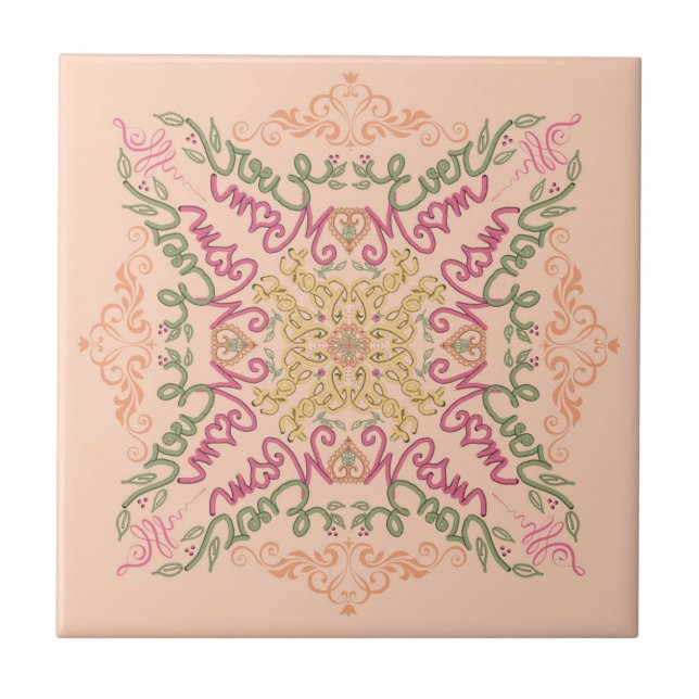 Azulejo Floral Suave melocotón caleidoscópico Script Mejor (Frente)